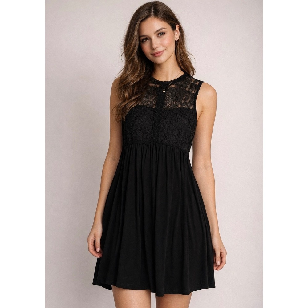 Umgee Black Lace Yoke Sleeveless Mini Dress High Neck Babydoll Womens Size L